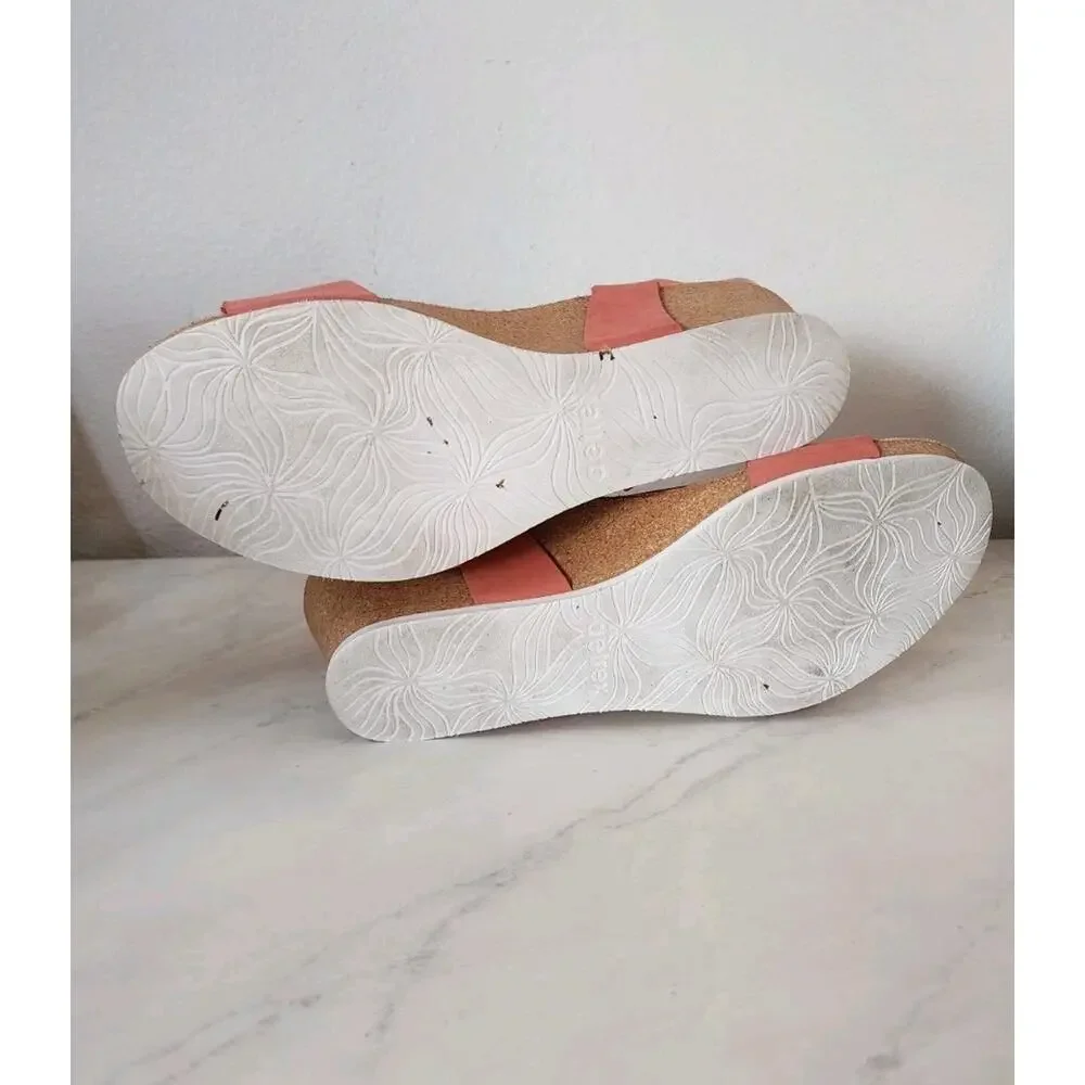 Aetrex Lexa Orthotic Strap Wedge Sandal Coral Leather Sz 9-9.5 Cork Sandal